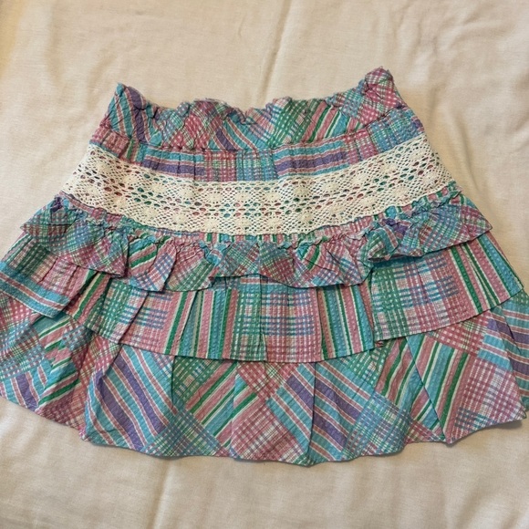 NEW Love Shack Fancy Small Corbett Mini Skirt in Candyland Print ~ Plaid Crochet - Picture 4 of 8